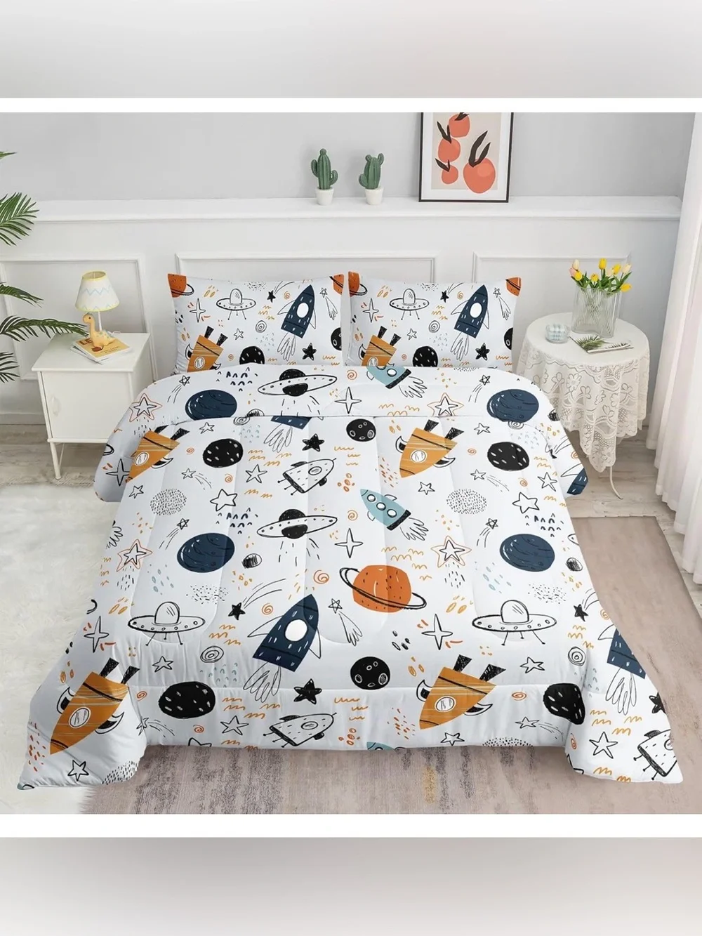 Space Universe Rocket Comforter Set for Kids 1 Comforter & 2 Pillowcases(Queen)